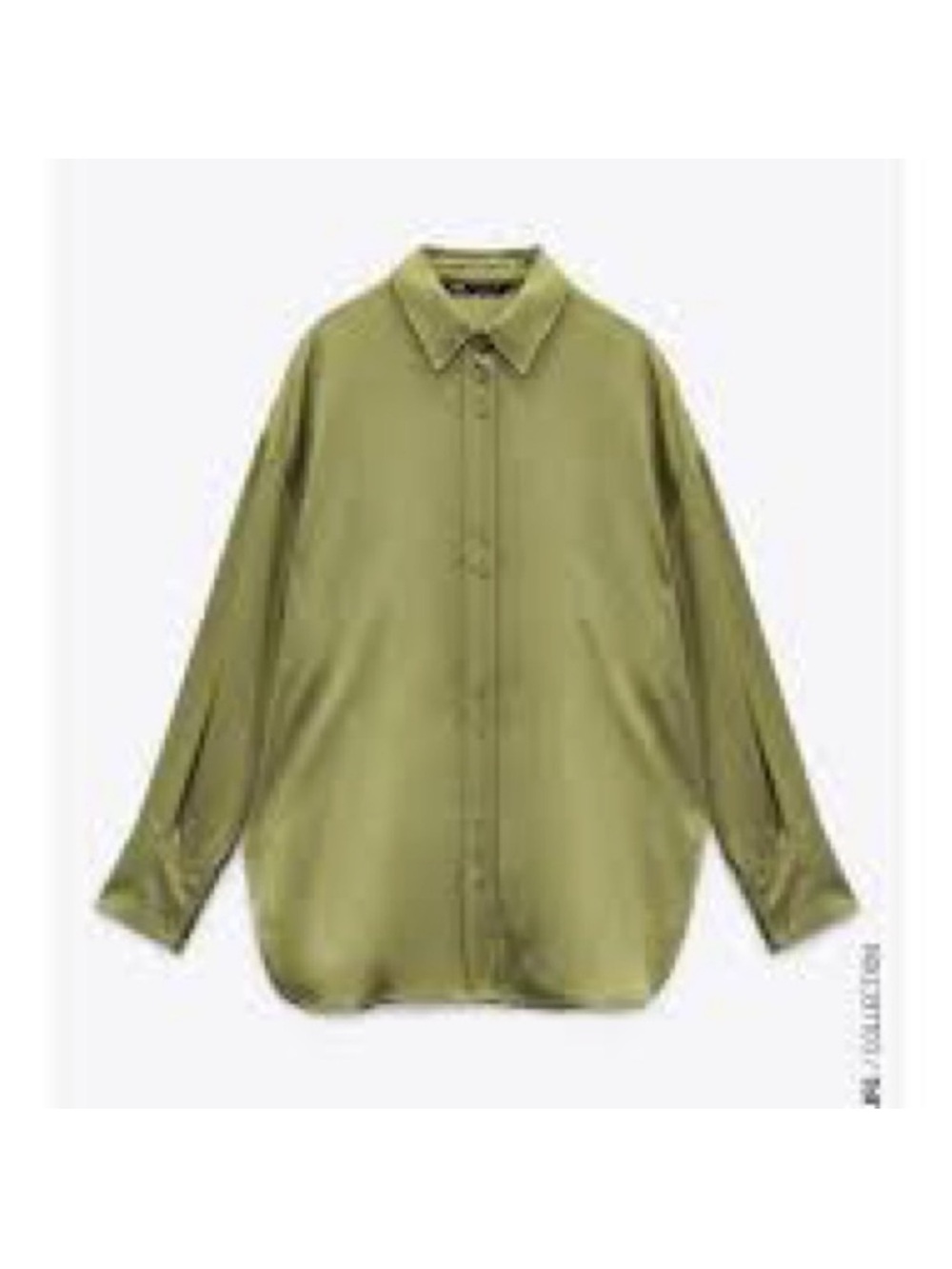 Zara Silky Satin Button Down Shirt Olive Green Long Sleeve Blouse Relaxed Fit S